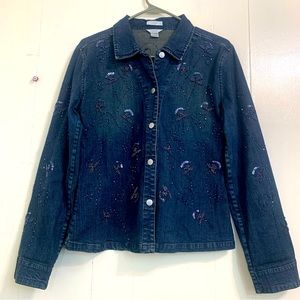Christopher & Banks Stretch Floral Sparkly Sequins Denim Jean Jacket Size Small.